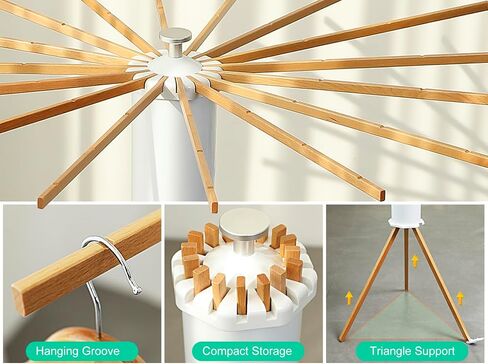 Cylinder Tripod Clothes Drying Rack - 16 Expandable Rods | Standing Octopus Drying Rack Clothing | Space Saving Master | Collapsible Compact for Laundry Room Household & RV | Solid Wood in Kuwait