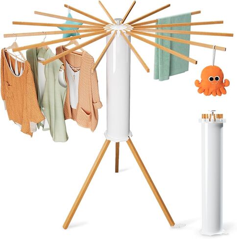 Cylinder Tripod Clothes Drying Rack - 16 Expandable Rods | Standing Octopus Drying Rack Clothing | Space Saving Master | Collapsible Compact for Laundry Room Household & RV | Solid Wood in Kuwait