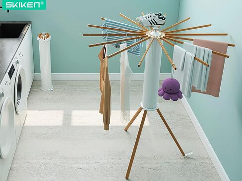 Cylinder Tripod Clothes Drying Rack - 16 Expandable Rods | Standing Octopus Drying Rack Clothing | Space Saving Master | Collapsible Compact for Laundry Room Household & RV | Solid Wood in Kuwait