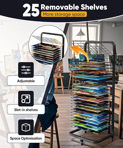 mocomax Art Drying Rack for Painting, Metal Paint Drying Stand with 25 Removable Shelves, Movable Paint Drying Rack with Lockable Wheels, Art Canvas Storage Rack for Classrooms & Art Studios, Black in Kuwait