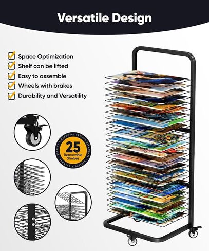 mocomax Art Drying Rack for Painting, Metal Paint Drying Stand with 25 Removable Shelves, Movable Paint Drying Rack with Lockable Wheels, Art Canvas Storage Rack for Classrooms & Art Studios, Black in Kuwait