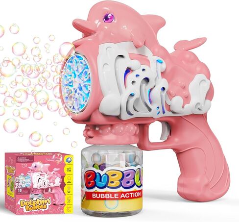 Dolphins Bubble Gun for Kids, Portable Bubble Machine 10000+ Bubbles Per Minute with Bubble Solution, 10 Holes Automatic Bubble Blower Gun with Lights for Outdoor Party Wedding Easter in Saudi Arabia