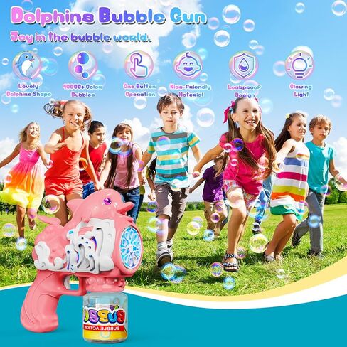 Dolphins Bubble Gun for Kids, Portable Bubble Machine 10000+ Bubbles Per Minute with Bubble Solution, 10 Holes Automatic Bubble Blower Gun with Lights for Outdoor Party Wedding Easter in Saudi Arabia