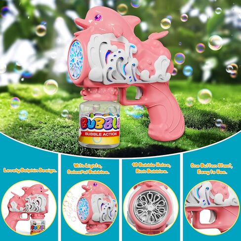 Dolphins Bubble Gun for Kids, Portable Bubble Machine 10000+ Bubbles Per Minute with Bubble Solution, 10 Holes Automatic Bubble Blower Gun with Lights for Outdoor Party Wedding Easter in Saudi Arabia