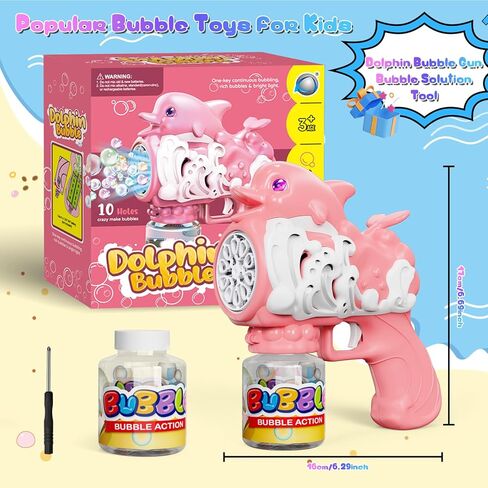 Dolphins Bubble Gun for Kids, Portable Bubble Machine 10000+ Bubbles Per Minute with Bubble Solution, 10 Holes Automatic Bubble Blower Gun with Lights for Outdoor Party Wedding Easter in Saudi Arabia