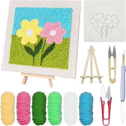 Woohome Punch Needle Starter Kit, Punch Needle Embroidery Kit Frame with Punch Needle Fabric, Hoop, Yarns, Punch Needle for Beginner (Pink and Tulips) in Kuwait
