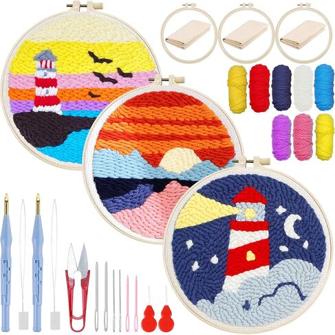 Woohome Punch Needle Kit Included Plastic Hoops, Punch Needle Cloth, Color Yarn and Punch Needle Tools for Adults, Beginners (Lighthouse and Sunset) in Kuwait