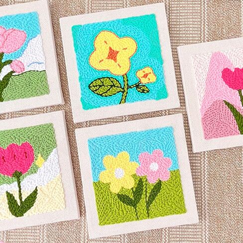 Woohome Punch Needle Starter Kit, Punch Needle Embroidery Kit Frame with Punch Needle Fabric, Hoop, Yarns, Punch Needle for Beginner (Pink and Tulips) in Kuwait