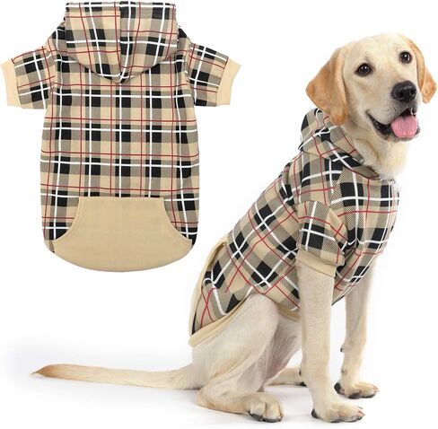 EXPAWLORER Plaid Dog Hoodie - British Style Soft and Warm Dog Sweater with Leash Hole, Hooded Cold Weather Clothes, Dog Sweatshirt, Outfits, Winter Coat for Small Medium Large Dogs in Saudi Arabia