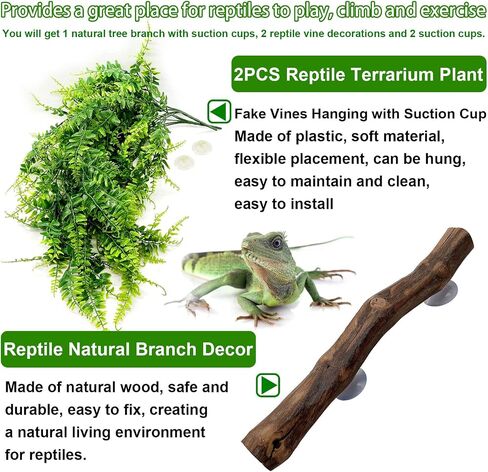 kathson Reptile Corner Branch Climbing Bamboo & Hanging Fake Plants,1 Reptile Branches & 2 Terrarium Plant, Bearded Dragons Tank Decor for Amphibians, Lizards, Geckos, Snakes, Hermit Crab, Frogs in Kuwait