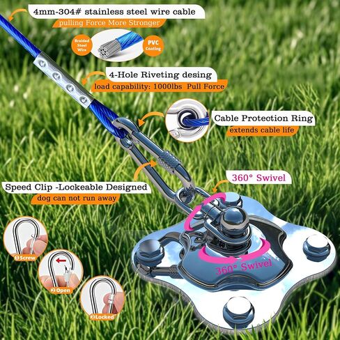 Dog Tie Out Cable and Stake,Heavy Duty Stakes for Outside,30FT Tangle-Free Runner for Yard,360° Swivel Anchor for Dogs Up to 150 lbs,Stake for Dog Leash Ideal for Outdoor and Camping in Saudi Arabia
