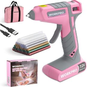 Workpro Cordless Glue Glue Gun ، 30s تسخين سريع ، و 7.2 فولت طقم مدفع غراء مزدوج مع عصي بندقية الغراء 50pcs ، كيس التخزين ، سلك شحن USB-C ، بطارية 2600 مللي أمبير في الساعة لصياغة DIY وصياغة