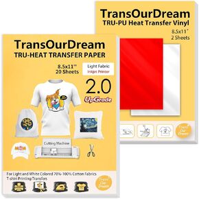 TransOurDream Tru-Heat Iron on Transfer Paper for Light Fabric (20+2 Sheets, 8.5x11") Printable Iron on Transfers Paper for Inkjet Printer & Heat Transfer Sheets for T Shirts (L2-22)