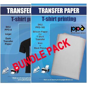 PPD Inkjet Bundle Iron-On Dark T Shirt Transfers Paper LTR 8.5x11" Pack of 20 Sheets + PPD Silicon Papers for T Shirt Transfer Iron or Heat Press - 10 Sheets