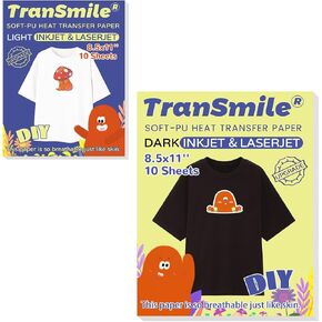 TranSmile Heat Transfer Paper for Inkjet & Laserjet Printer Printable Heat Transfer Vinyl for Dark Fabrics (10 Sheets, 8.5 x 11'')& Printable Heat Transfer Vinyl for Light Fabrics (10 Sheets）