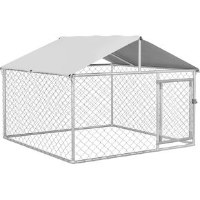 PawHut Large Dog Kennel Outside, Heavy Duty Dog Cage with Waterproof Cover, Outdoor Fence Dog Run with Galvanized Chain Link, Secure Lock, 6.6' x 6.6' x 4.9'