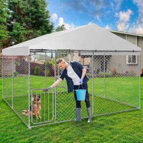 DWVO Large Outdoor Dog Kennel with Roof, Extra Large Pet Pens Dog House 9.8×9.8×7.1FT Galvanized Dog Run Enclosure with UV-Resistant Waterproof Cover & Double-Doors Chain Link Fence Outside for Yard