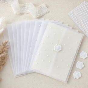 Affrolling 100 Sets Wedding Invitations Wraps Set Pearl Pre Folded Vellum Jackets for 5 x 7 Invitations Include 100 Pcs Vellum Jackets Wax Seal Stickers Pearl Stickers for Wedding Invites DIY
