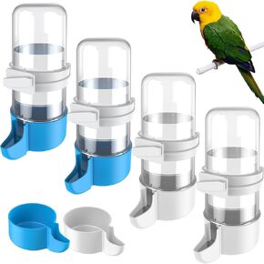 Pawfly 4 PCS موزع مياه الطيور ، مغذي المياه التلقائي ، إكسسوارات القفص للبغاء والهامستر ، تغذية الطيور للقفص ، أبيض وأزرق من الببغاء كوكاتييل بودجي لوف بيردز