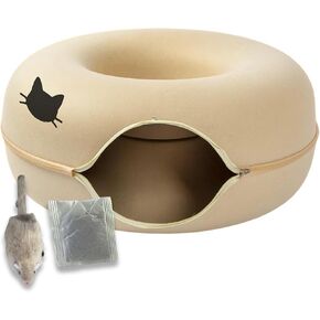 Laluz 2021 Large Cat Tunnel Bed for Multiple & Large Cats Up to 30 Lbs with 2 Toys, Scratch Resistant, Comfy Donut, Detachable & Washable Cat Donut Tunnel Bed (Chocolate)