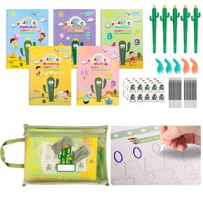 Magic Resulable Copybook للأطفال ، ممارسة كتاب بخط اليد ، مجموعة الكتابة القابلة لإعادة الاستخدام مع حقيبة تخزين لأطفال ما قبل المدرسة الذين تتراوح أعمارهم بين 3-8 خط من الخط (5pcs 7.3 * 10.3inch)