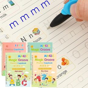 4 أجهزة الكمبيوتر بكتابة أخدود كتب للأطفال ، Magic Groove Practice Copybook ، مصنفات الكتابة اليدوية القابلة لإعادة الاستخدام ، وكتابة كتب للأطفال 3-5 خط.