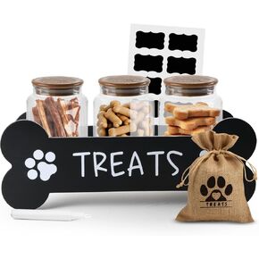 Dog Treat Container - Includes 3 Treat Jars, 1 Treat Bag, Wooden Pet Treat Holder, storage Basket, Dog Treat Station, with Reusable Sticker & Marker - Bone Shape