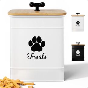 Dog Treat Container Airtight - 6 Inch Wide x 8 Inch Tall Iron Dog Treat Jar for Kitchen Counter with Airtight Bamboo Lid - 12 Cup Capacity Pet Treat Container - Doggie Cookie Jar - Big Treats Canister