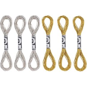Embroidery Floss, 6 Skeins Metallic Embroidery Thread Polyester Sewing Cross Stitch Thread for Hand Embroidery, String Art, Friendship Bracelets, DIY Crafts (Gold, Silver)