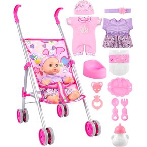 لعبة Gagaku Baby Doll Stroller Playet مع دمية وإكسسوارات 12 بوصة ، وعربة ألعاب قابلة للطي خفيفة الوزن للأطفال الصغار الذين تتراوح أعمارهم بين 1-6 ، و 12 بوصة دمية وملحقات