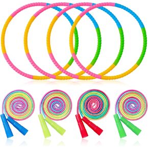 Silipull 8 Pcs Detachable Hoop and Jump Rope Set Include 4 Skipping Rope and 4 Adjustable Weight Size Plastic Hoop for Christmas Children Party Gift Sport Gymnastic Playing Exercise Fitness Equipment