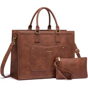 LOVEVOOK Laptop Tote Bag for Women, 15.6 Inch Work Bags, Vintage Leather Tote Bag, Waterproof Computer Bags with Clutch Purse, Large Capacity Messenger Bag for Teacher College Business Office