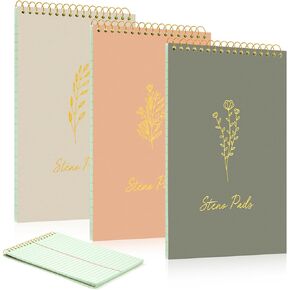 3 Pack Steno Pads Spiral 6 x 9 Inch Gregg Rule Green Tint Steno Pad Top Bound Flip Notebook Notepad Stenographer Aesthetic Floral Design for Office School Supplies
