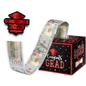 Graduation Surprise Money Box for Cash Gift, 2025 Congrats Grad Money Gift Box with Card and Cash Holder Boys Girls High School College DIY Fun Cash Box, Includes 50Pcs Transparent Bags（Black Gold
