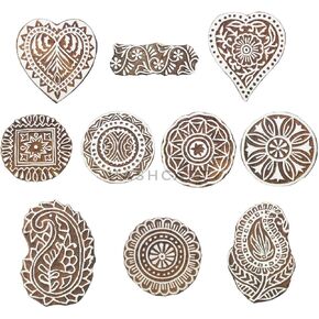 Hashcart Mandala and Paisely Wooden Printing Stamps - Handcarved Indian Textile Printing Blocks - Set of 10 - Henna Fabric Paper Clay Pottery Block Printing Stamp