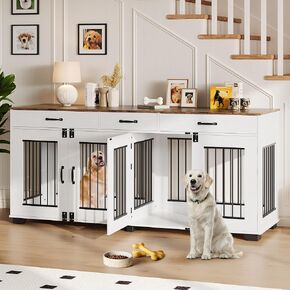 IDEALHOUSE 71 Inch Dog Crate Furniture for 2 Dogs, Wooden Double Dog Crate Large Breed with Door, Dog Kennel Indoor, TV Stand End Table with Divider for Large Medium Dogs,White/Brown
