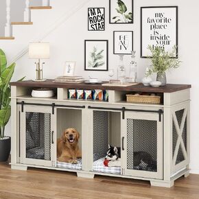 Dog Crate Furniture for 2 Dogs, 71" Dog Kennel Furniture with 3 Storage Compartments & Removable Divider, Indoor Dog Cage Tv Stand,Furniture Style Double Dog Crates with Sliding Barn Door