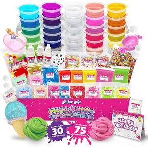 75-PC Jumbo Mega Birthday Party Slime Kit for Girls Ages 6 7 8 9 10 ، 11 و 12-30 DIY Slime Pack ناعم ، المواد الهلامية الوحل ، السحابة ، الزبدة ، اللمعان ، المقرمش ، والتوهج في مجموعات صنع الوحل الداكن