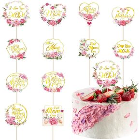 12 Pcs Happy Mothers Day Cupcake Topper, Flower Gold Foil Shape Mother's Day Cake Picks, Best Mom Ever Love You Mom Mother's Day Cake Sticks, Mom Cake Decorations for Mothers Day Party