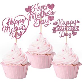 60pcs قبعات عيد ميلاد عيد أم سعيد ، Glitter Hollow Heart Love Mother Birthday Cupcake لخزات ديكورات Coupake للحفلات ، الوردي