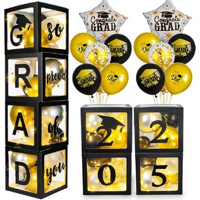 AYGXU Graduation Decorations 2025-Graduation Party Decorations,Graduation Balloons Boxes(4PCS) with LED Light Strings & Letters 2025 GRAD So Proud of You,Party Favors For Any Grades Class.