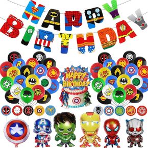 ديكور عيد ميلاد Avengers ، لوازم حفلة عيد ميلاد خارقة ، راية أعياد عيد ميلاد Marvel ، البالونات الخارقة ، قبعات Spiderman Toppers Toppers ، 6 PCS Avengers Balloons Barge Foil for Kid's Boy Girls