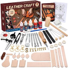 Leather Crafting Kit: Leather Working Tools and Supplies for DIY Craft Beginners Stamping Dyeing Carving Sewing Edge Sealing with Video Tutorials for Earrings Wallet Keychain Wristband Bookmark