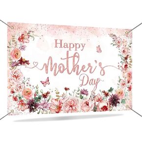 Mocsicka Happy Mother's Day Banner Backdrop Mothers Day Photo Backdrop Pink Flowers Mothers Day Decorations Banner Photography Background Party Supplies 70.8 x 43.3 Inch