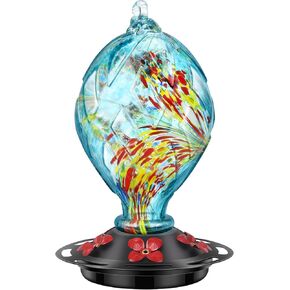Hummingbird Feeders for Outdoors Hanging Ant and Bee Proof, Hand Blown Glass Hummingbird Feeder with 5 Perches, 30 Fuild Oz Capacity, Garden Backyard Decor, Blue