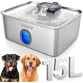 Sibays 4Gal/15L نافورة كبيرة للكلب الكلب ، نافورة حيوان أليف من الفولاذ المقاوم للصدأ مع نافذة مائية وضوء LED ، موزع وعاء الكلب التلقائي الهادئ للهدوء للكلاب الكبيرة والمتعددة ، وسهلة التنظيف