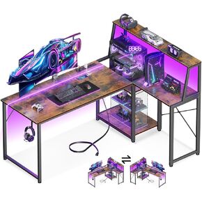 MOTPK L Shaped Gaming Desk with Power Outlet, Computer Desk with LED Lights, Corner Desktop Showcase for Computer Towers, Display Storage Shelf, 53 inch, Black