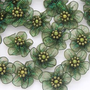 60pcs حرفية الزهور الأورجانزا مع الخرز orgonza الشريط dasiy زهرة زهرة لخياطة DIY ، مشاريع الفنون ، أقواس الشعر (أخضر)