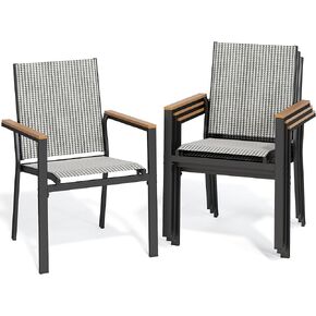 YITAHOME Set of 2 Stackable Patio Chairs, Outdoor All-Weather Conversation Breathable Textilene Mix Olefin Dining Chair, Plastic- Wood Armrest, Black and White Checkered