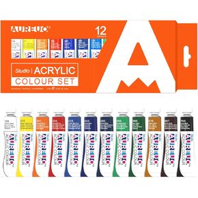 طقم الطلاء Aureuo Acrylic - 12 لونًا أنابيب طلاء أكريليك ، ألواح قماشية 9 × 12 بوصة/ 2 ، 5 فرش من الطلاء ، لوحة الطلاء القماشية للبالغين ، المبتدئين